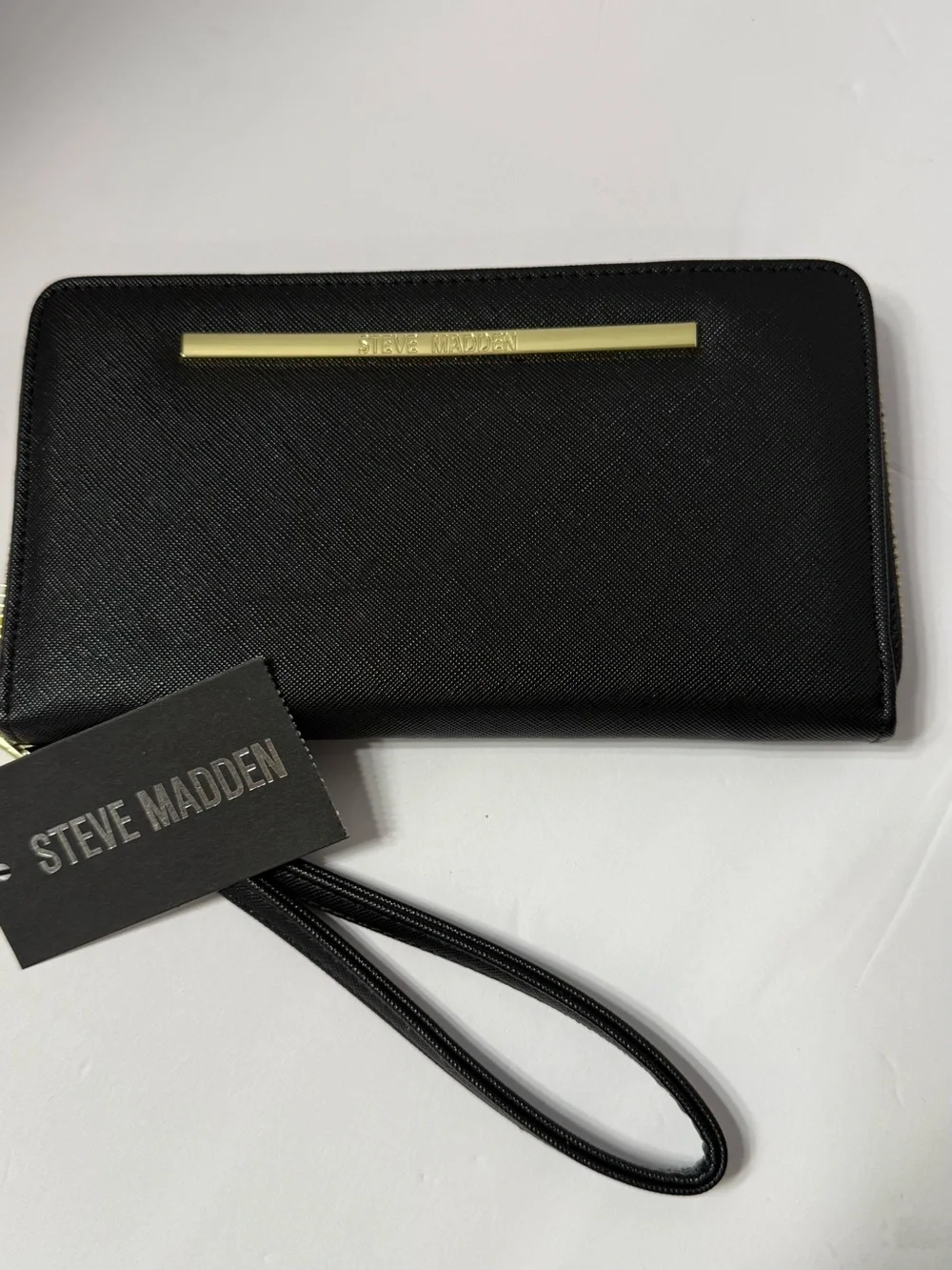 Steve Madden Black Zip-Around Wristlet with Gold Bar